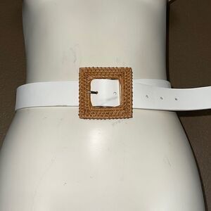 White and tan straw buckle belt pu bonded leather 38 inches